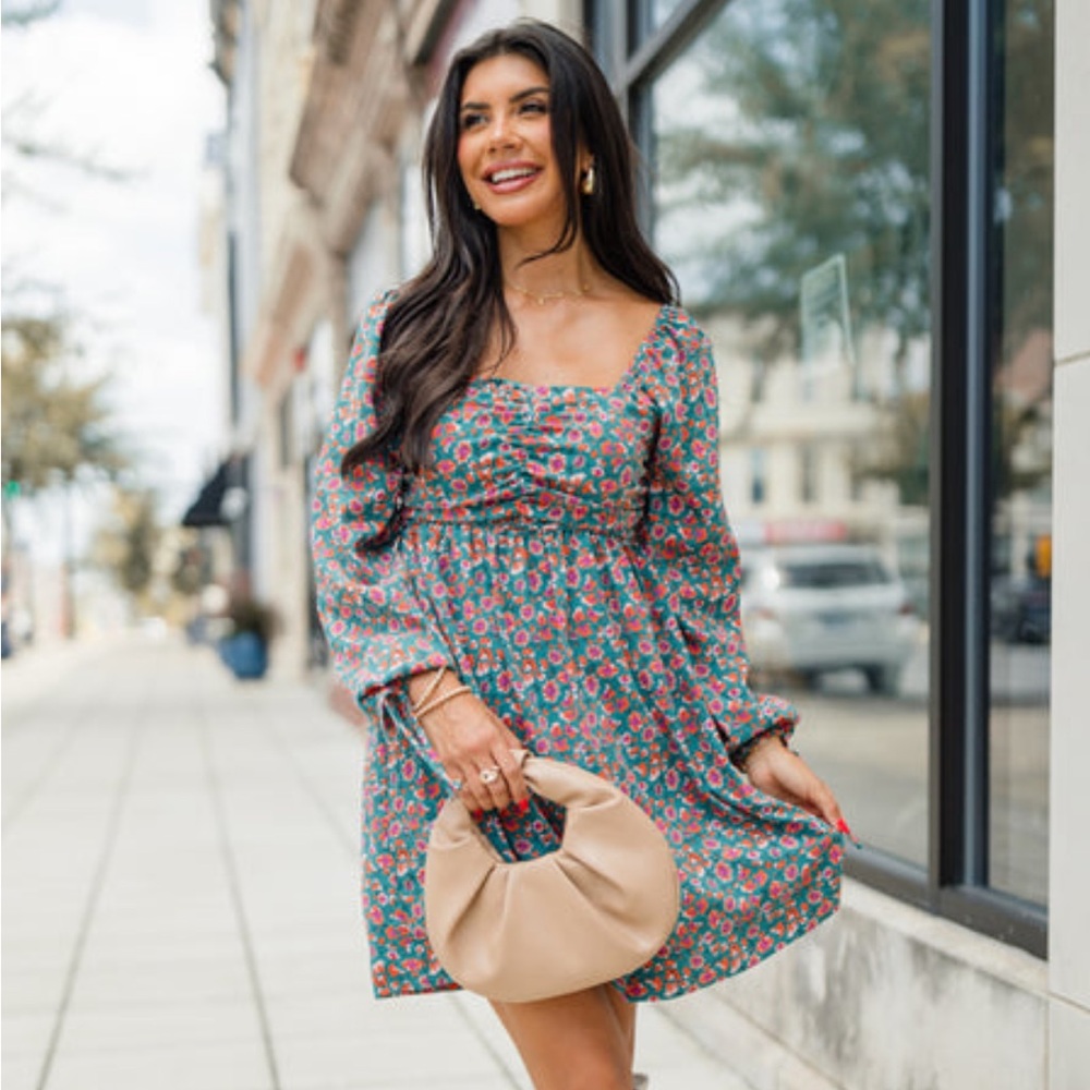 Pink Lily Teal and Rust Rouched Chest Printed Dress